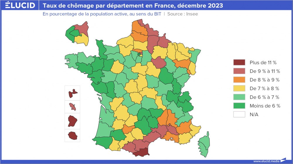 Taux de chômage par département en France, décembre 2023