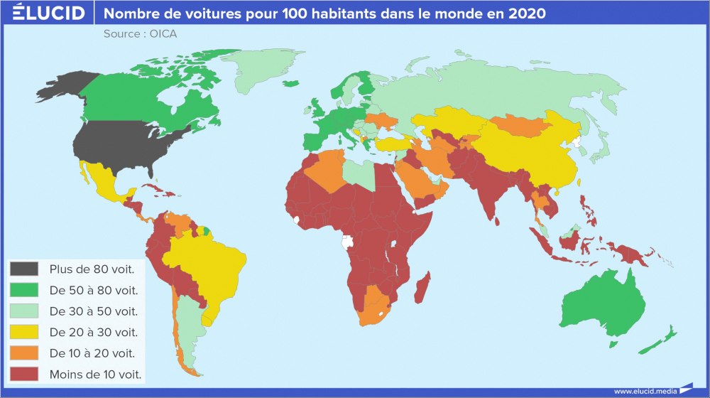 Nombre de voitures pour 100 habitants dans le monde, cartographie, en 2020 Nombre de voitures pour 100 habitants dans le monde, cartographie, en 2020