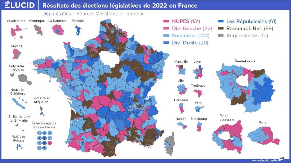 Carte des résultats des élections législatives de 2022 en France