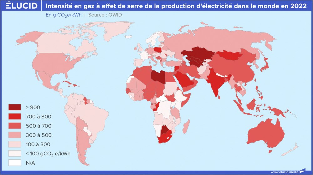 Intensité en gaz à effet de serre de la production d'électricité dans le monde en 2022 Intensité en gaz à effet de serre de la production d'électricité dans le monde en 2022