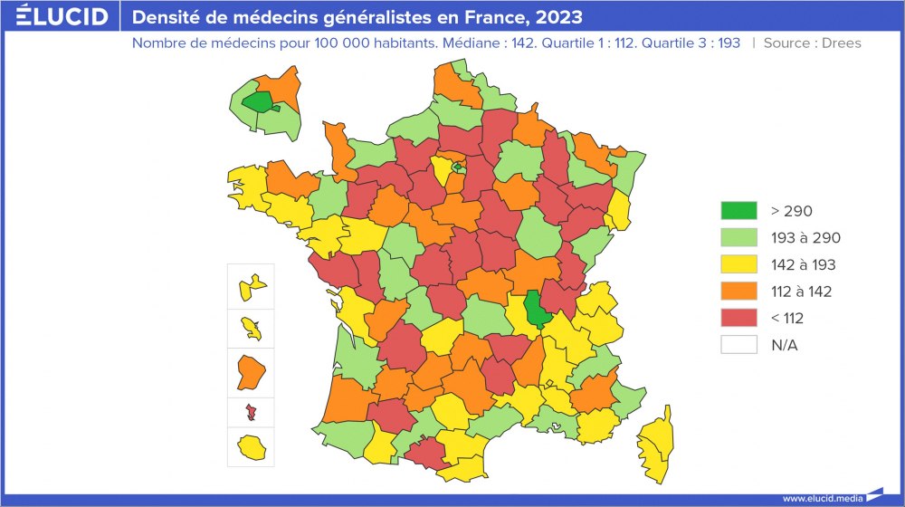Densité de médecins généralistes en France, 2023