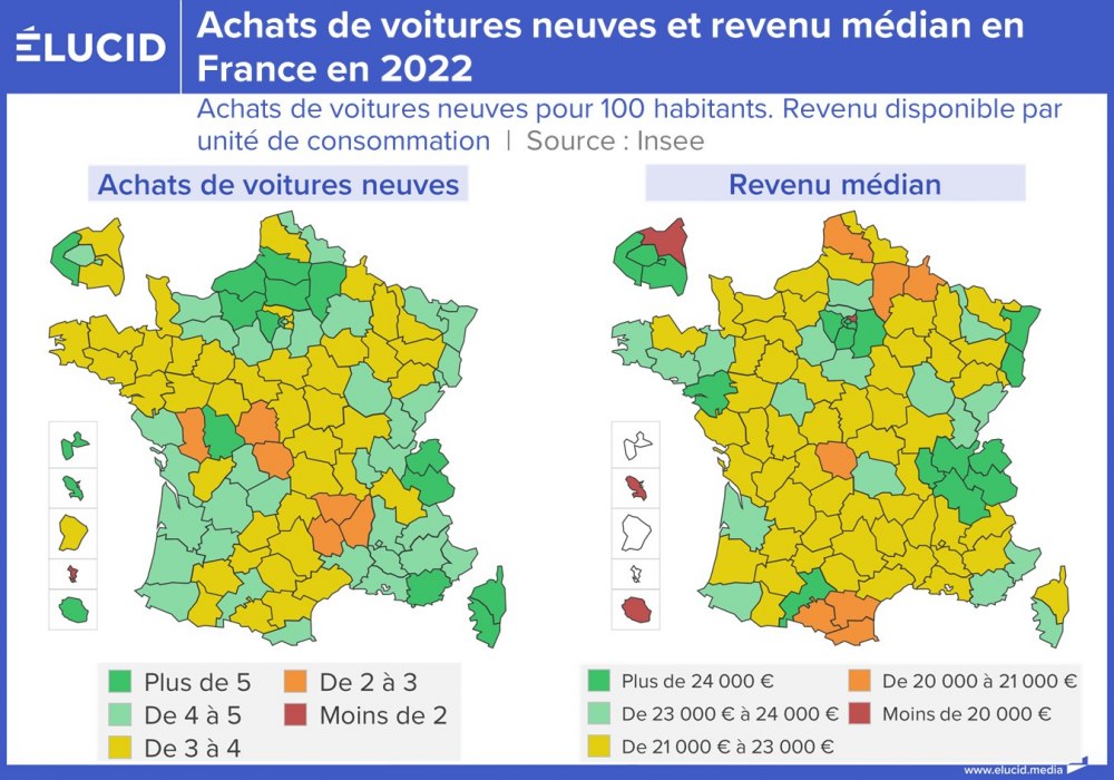 Achats de voitures neuves et revenu médian en France en 2022